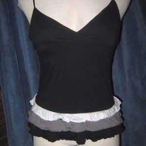 Black w/ White Gray Ruffle Hem V Neck Tank Top S
